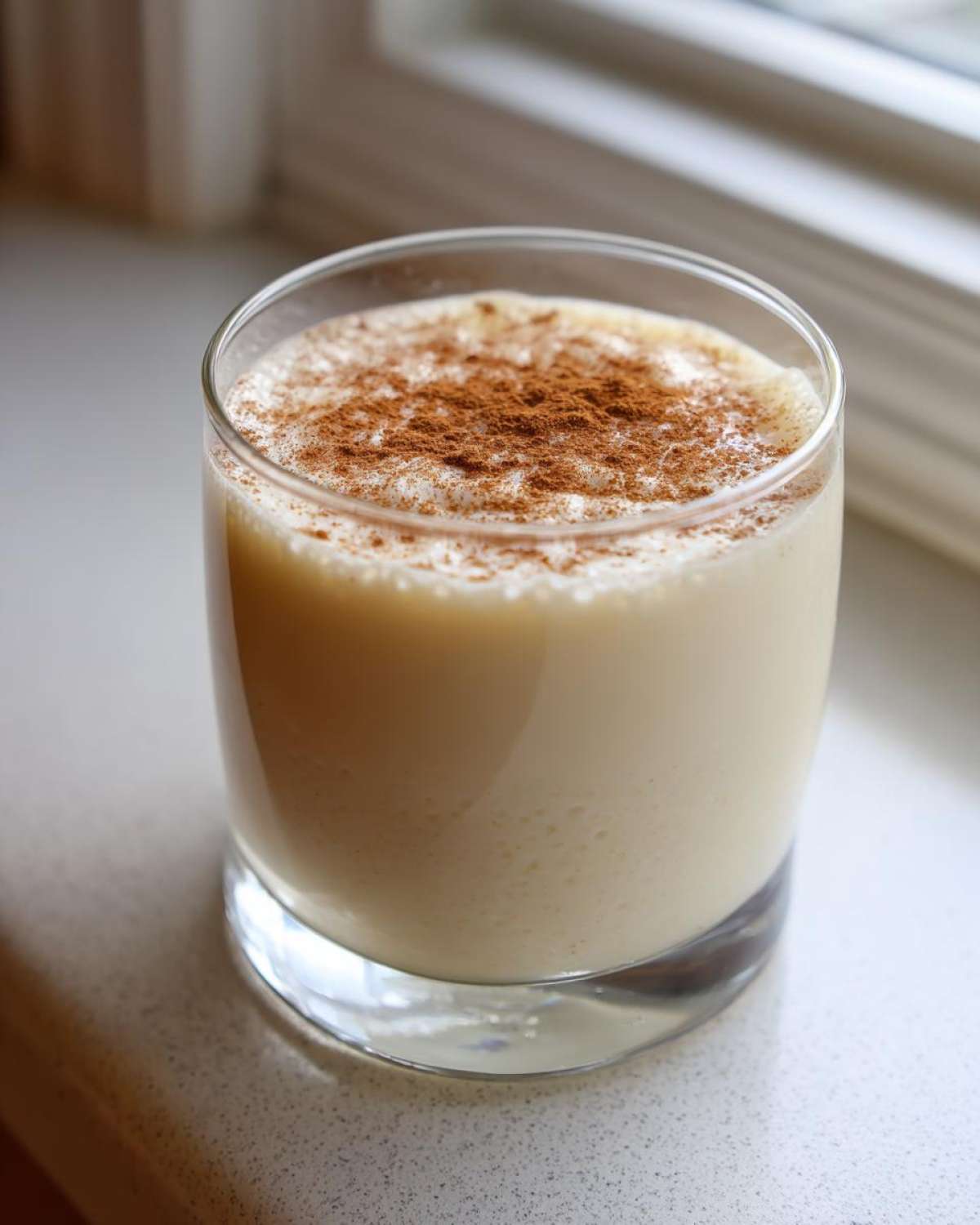 A glass of creamy, light-colored coquito topped generously with ground cinnamon powder.