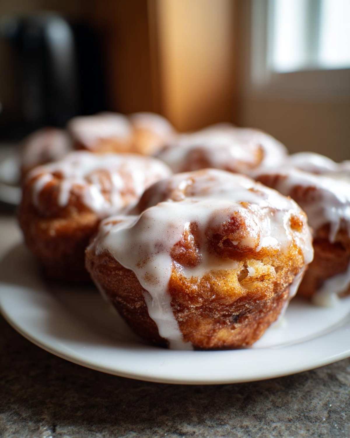 Close-up of several golden brown baked apple fritters drizzled heavily with white vanilla glaze.