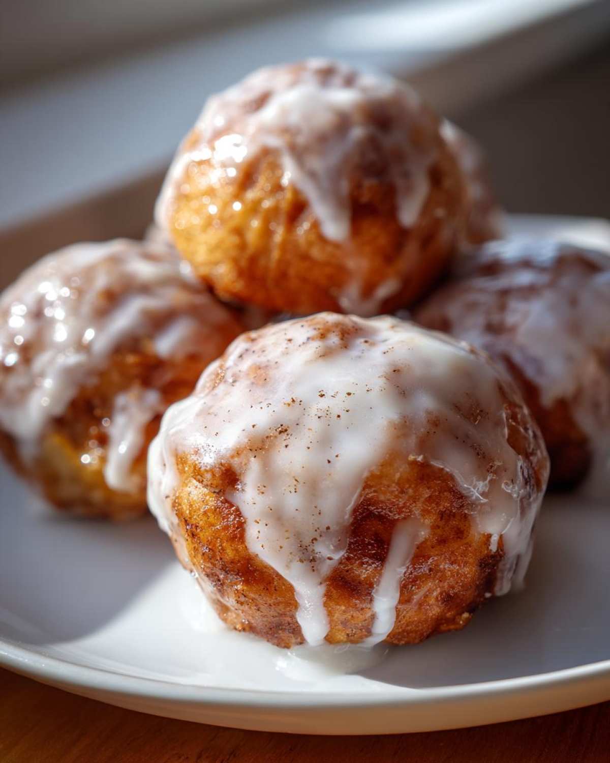 Close-up of delicious baked apple fritters topped with thick white glaze and cinnamon.