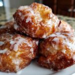 Close-up of several golden brown baked apple fritters generously drizzled with white glaze.