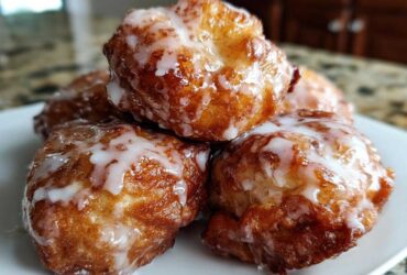 Close-up of several golden brown baked apple fritters generously drizzled with white glaze.