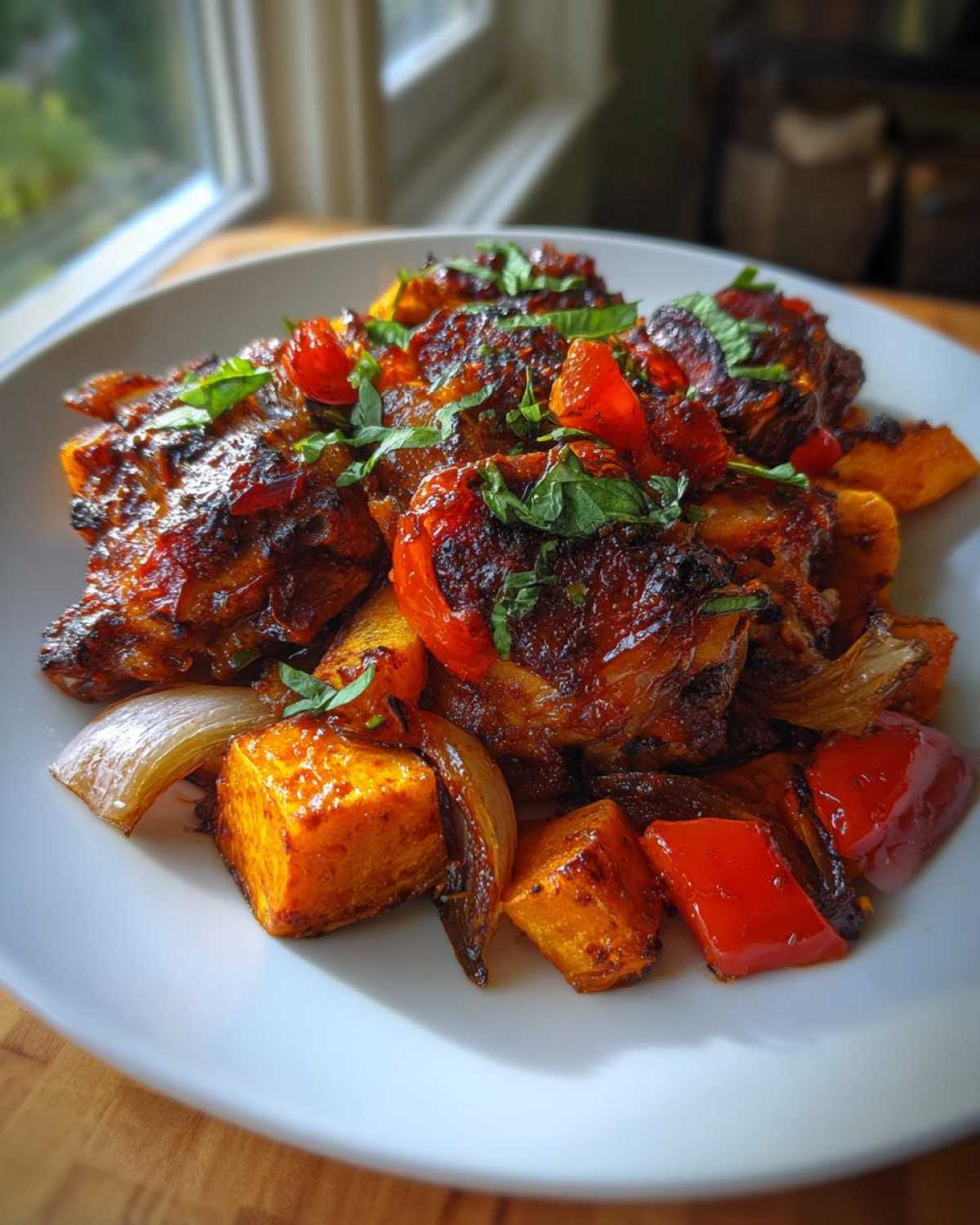 Close-up of glazed harissa chicken served with roasted sweet potatoes, onions, and red peppers, garnished with fresh herbs.