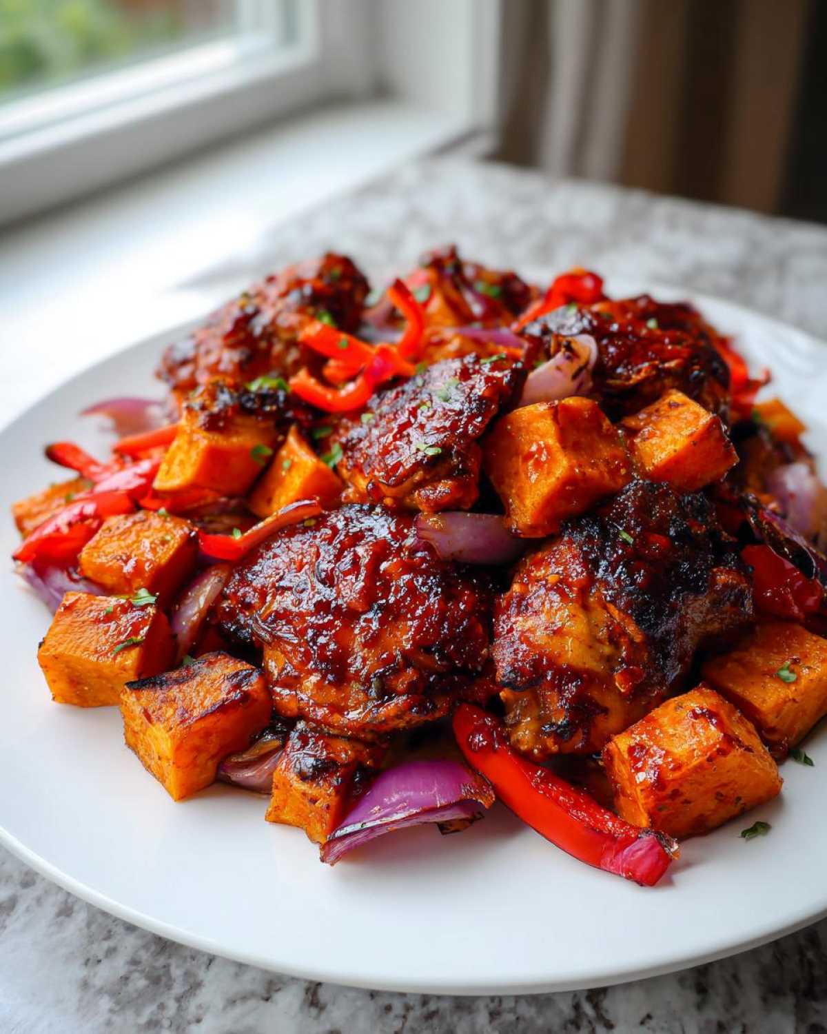 Close-up of glazed harissa chicken pieces mixed with roasted sweet potatoes and red onion.
