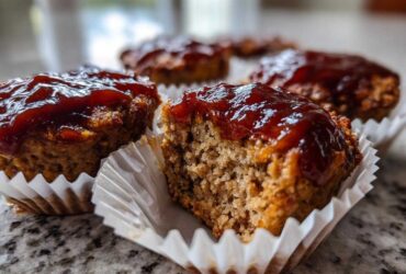Close-up of several mini meatloaf portions baked in white paper liners, topped with a shiny, dark glaze.