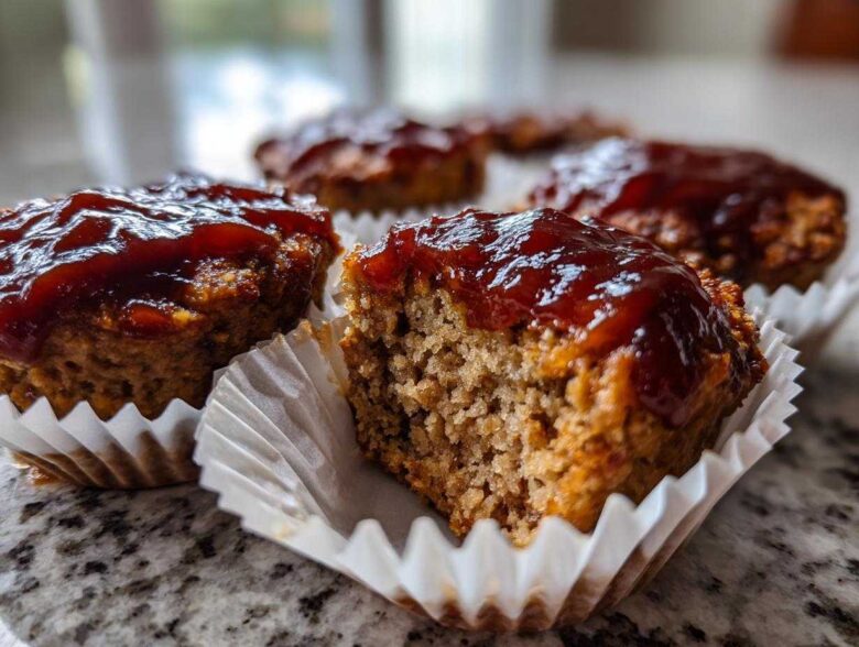 Close-up of several mini meatloaf portions baked in white paper liners, topped with a shiny, dark glaze.