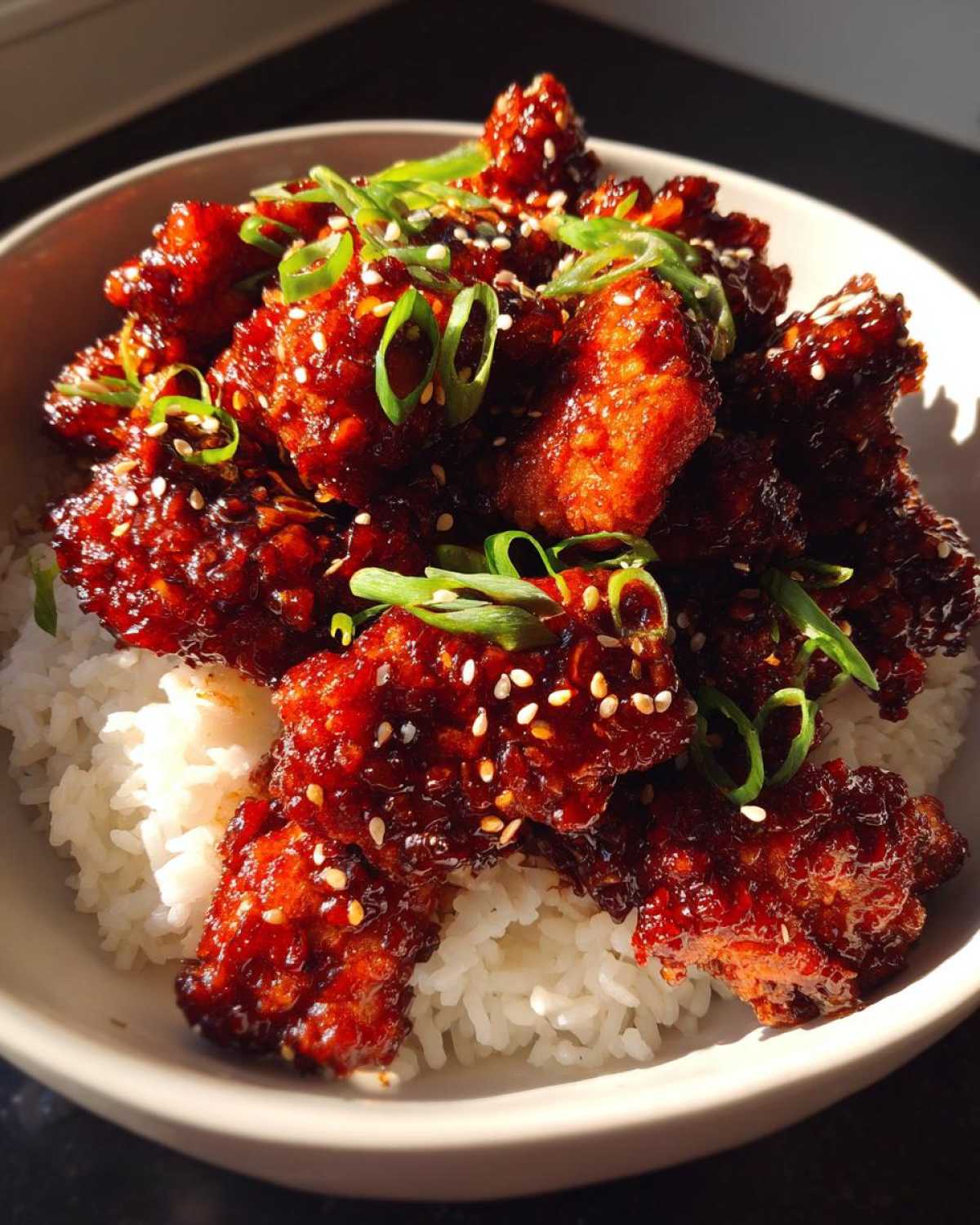 Close-up of crispy gochujang chicken pieces coated in glossy sauce, served over white rice and topped with sesame seeds and scallions.