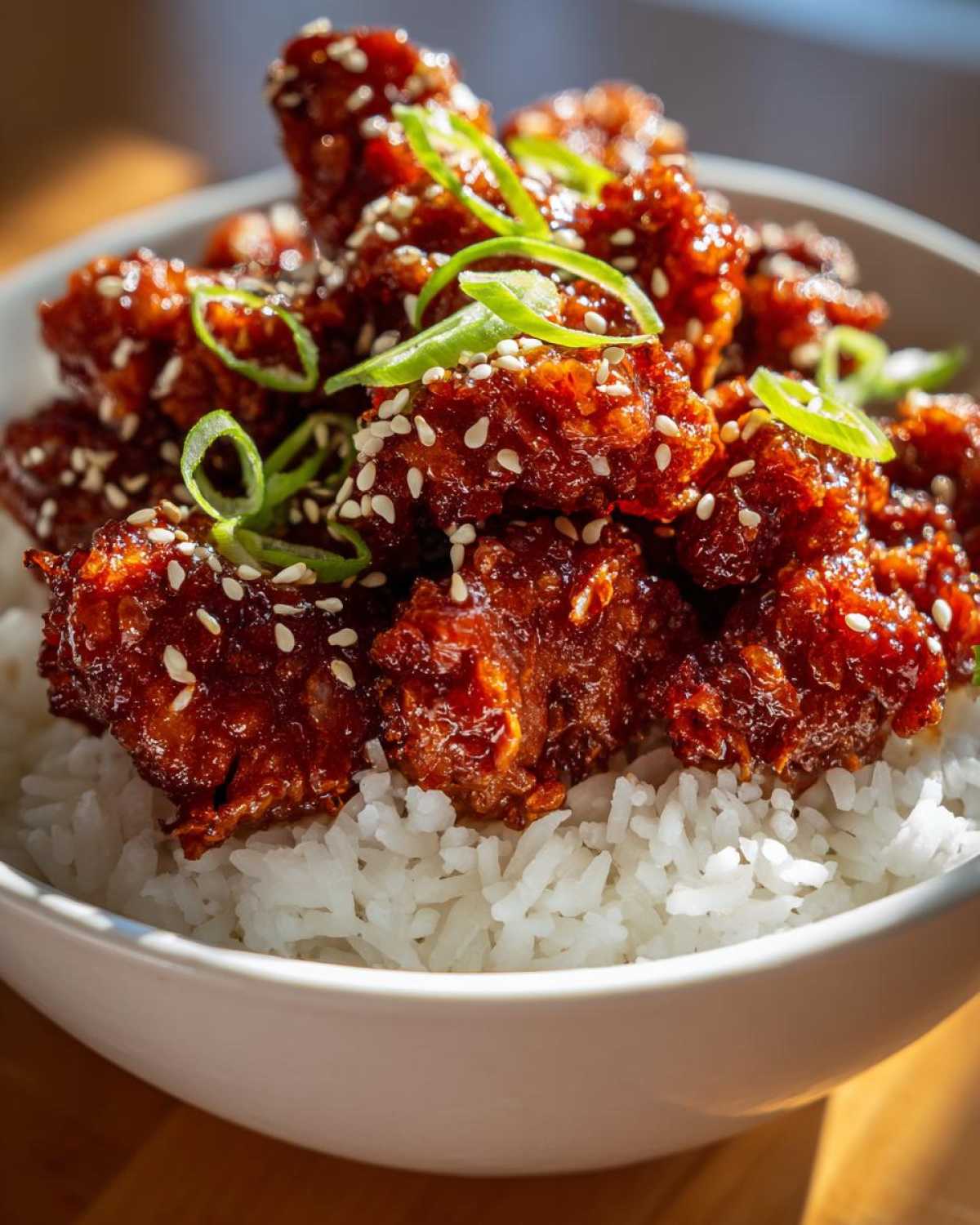 Close-up of crispy gochujang chicken pieces coated in a dark red glaze, served over white rice and garnished with sesame seeds.