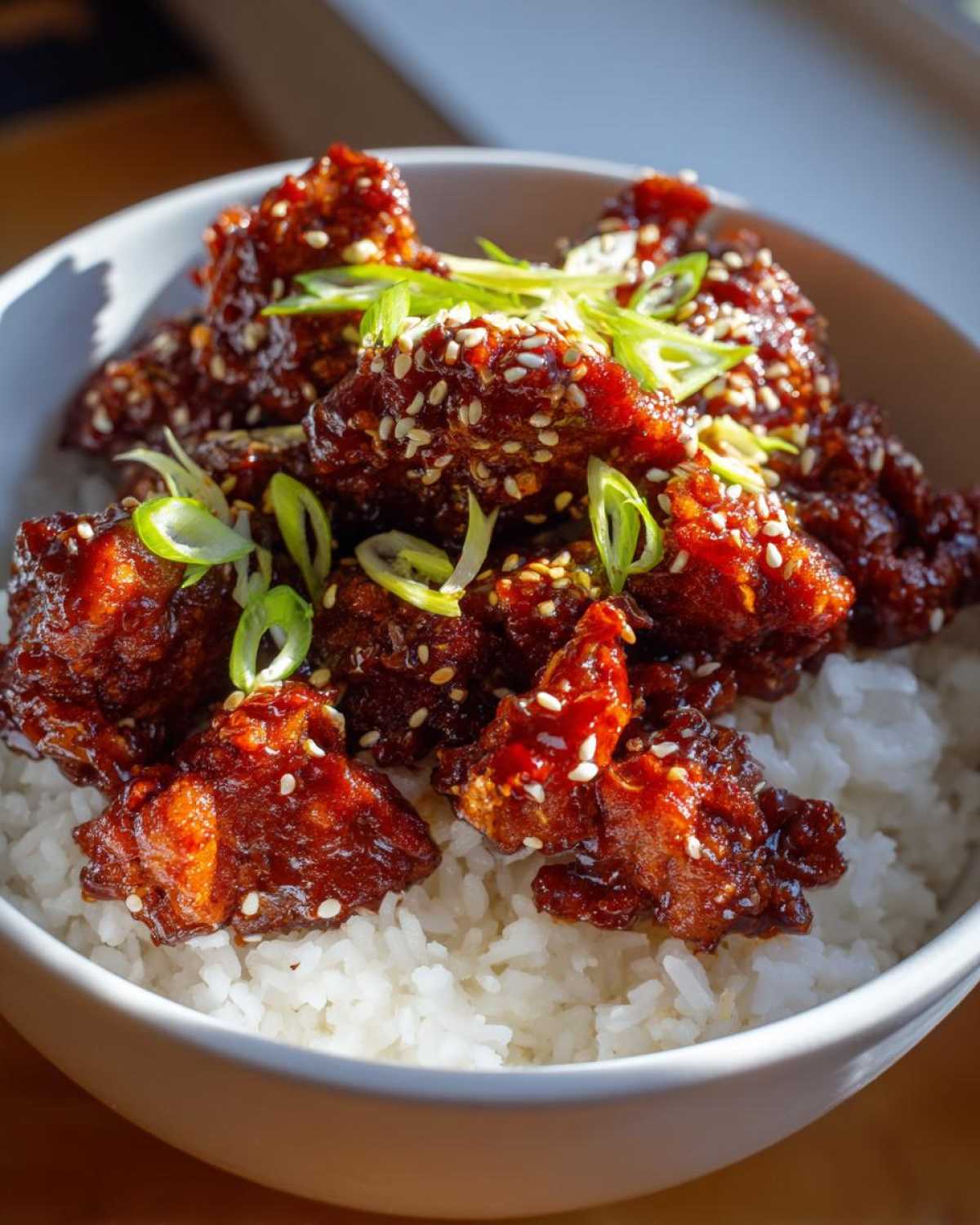 Close-up of sticky, glazed gochujang chicken pieces topped with sesame seeds and green onions, served over fluffy white rice.