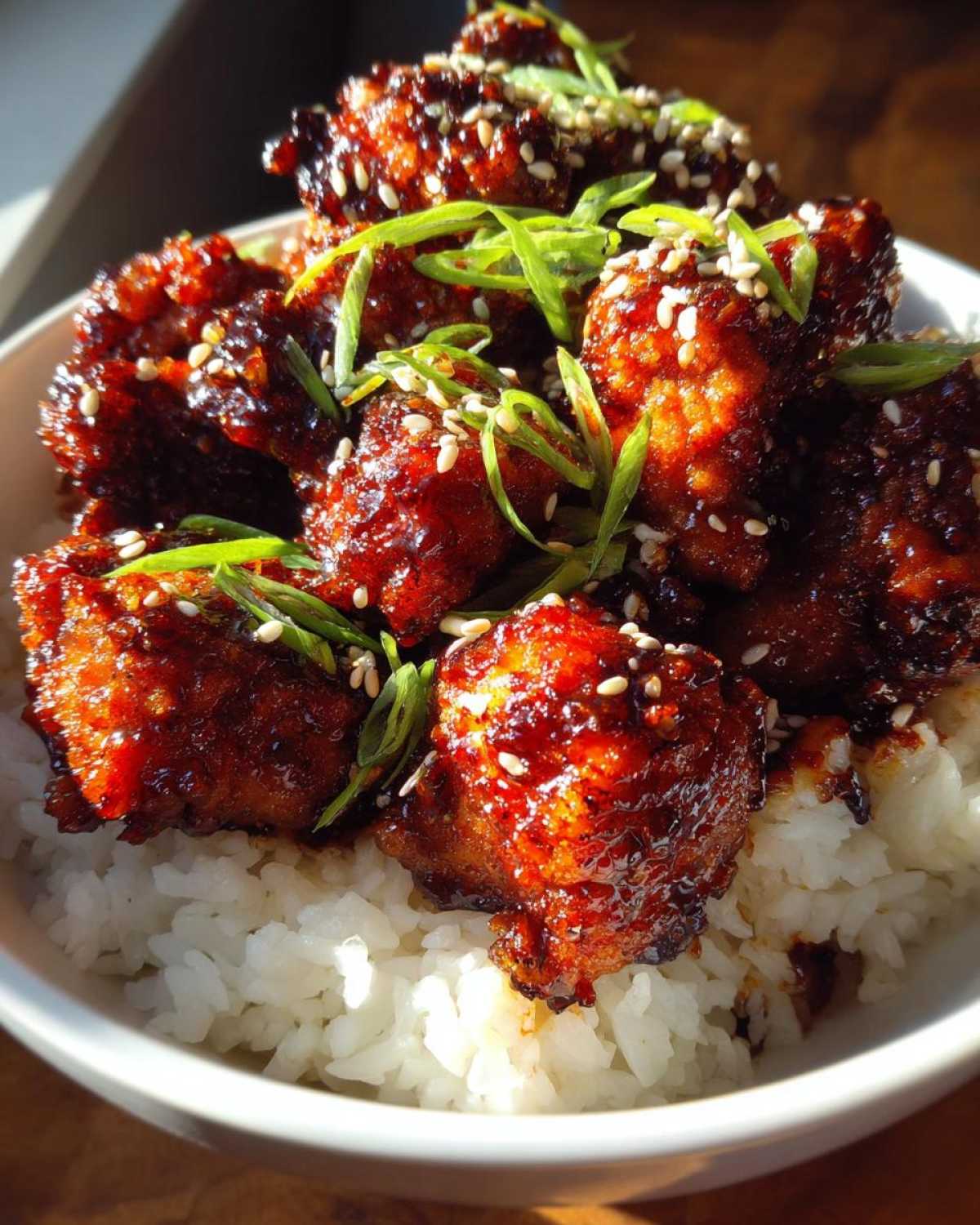 Close-up of glossy, dark red gochujang chicken pieces served over a bed of white rice, topped with sesame seeds and green onions.