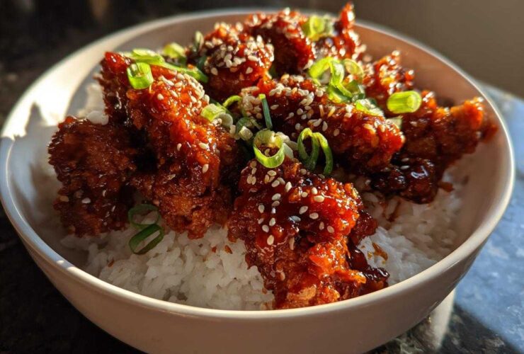 Close-up of a bowl filled with white rice topped with crispy, glazed gochujang chicken, sprinkled with sesame seeds and green onions.