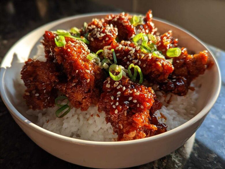 Close-up of a bowl filled with white rice topped with crispy, glazed gochujang chicken, sprinkled with sesame seeds and green onions.