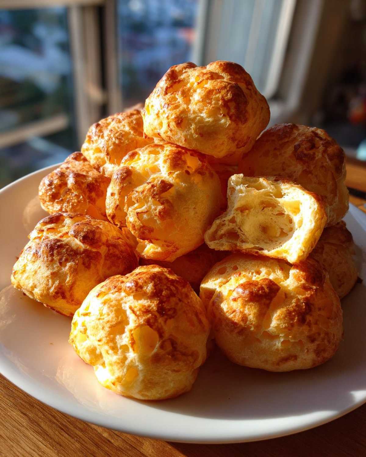 A pile of freshly baked, golden brown brazilian cheese bread on a white plate, one broken open showing the airy interior.