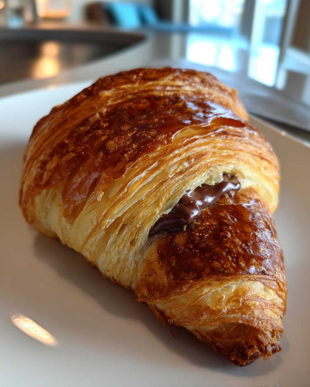 Close-up of a flaky, golden-brown chocolate croissant showing melted chocolate filling oozing out.