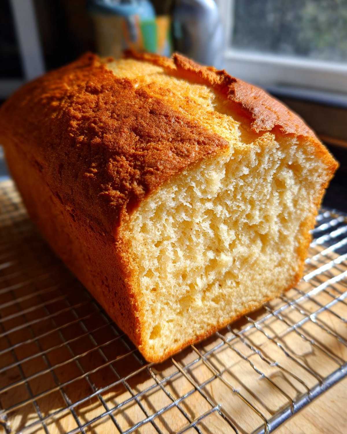 A freshly baked loaf of soft, golden condensed milk bread cooling on a wire rack.