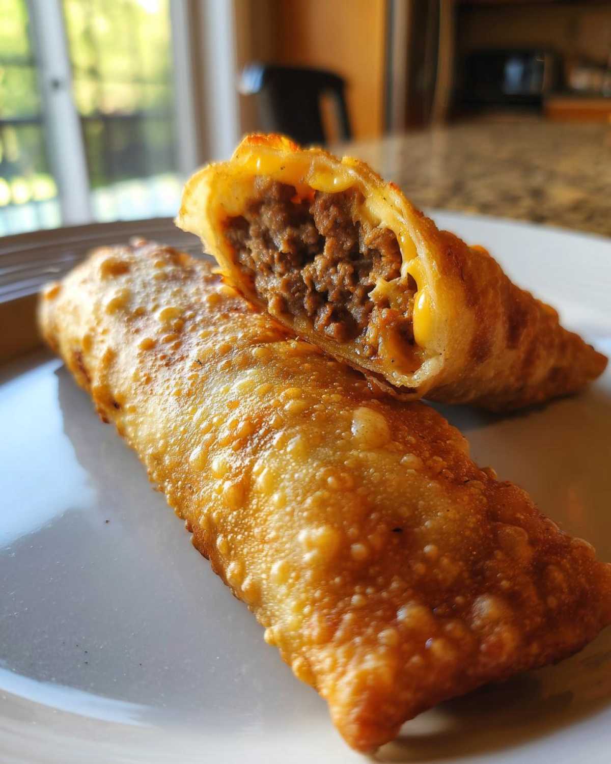 Close-up of two crispy, golden-fried Chimichangas, one cut open to show seasoned ground beef and melted cheese.
