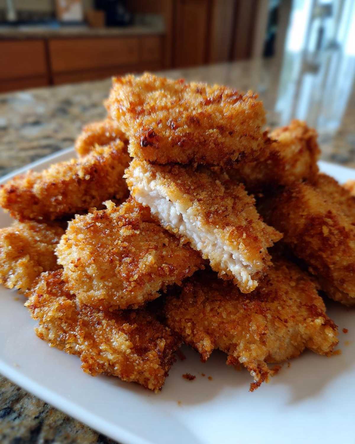 A close-up of crispy, golden brown homemade chicken nuggets piled on a white plate, showing the white interior of one cut piece.