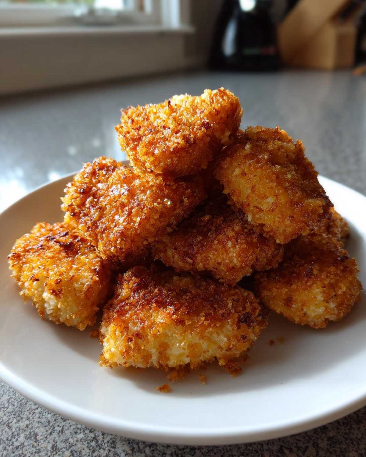 A stack of golden brown, crispy homemade chicken nuggets piled high on a white plate.