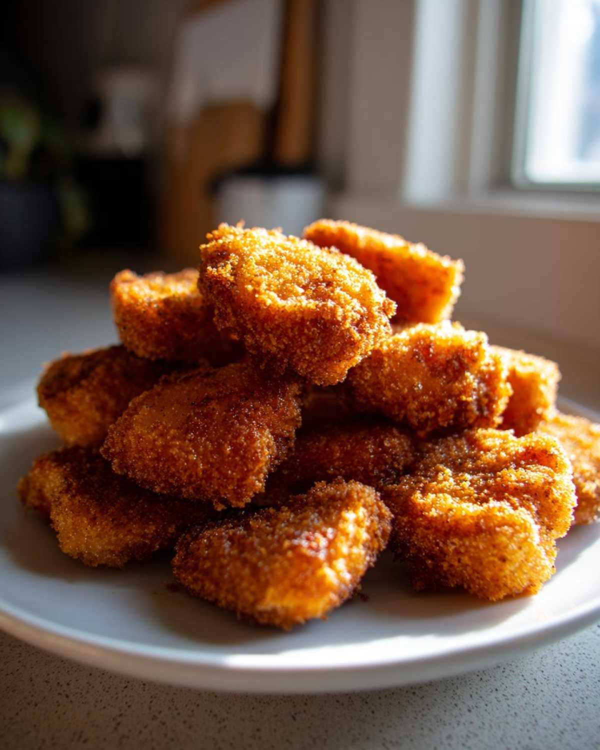 A pile of freshly cooked, golden brown homemade chicken nuggets stacked on a white plate.