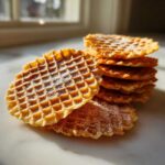 A stack of golden brown pizzelle cookies lightly dusted with powdered sugar, catching the sunlight.