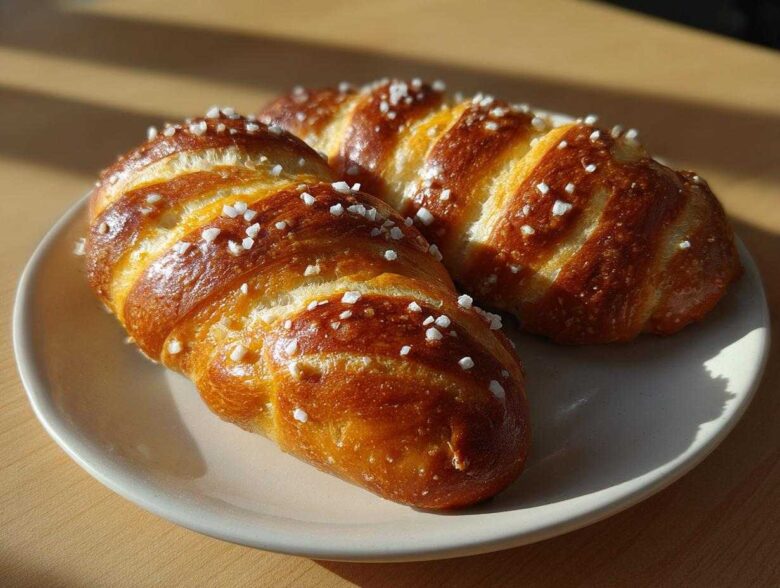 Two golden brown, braided pretzel dogs dough pieces sprinkled with coarse salt on a light plate.