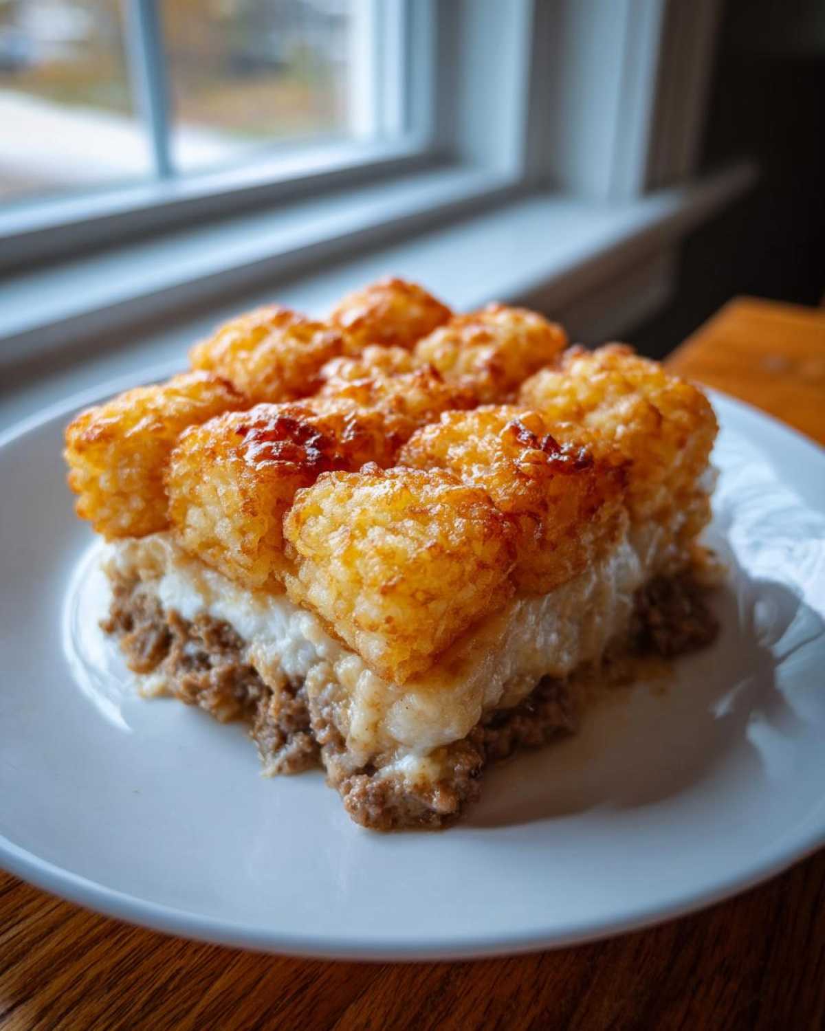 A perfectly golden brown slice of tater tot casserole showing layers of crispy tots, creamy sauce, and ground meat.