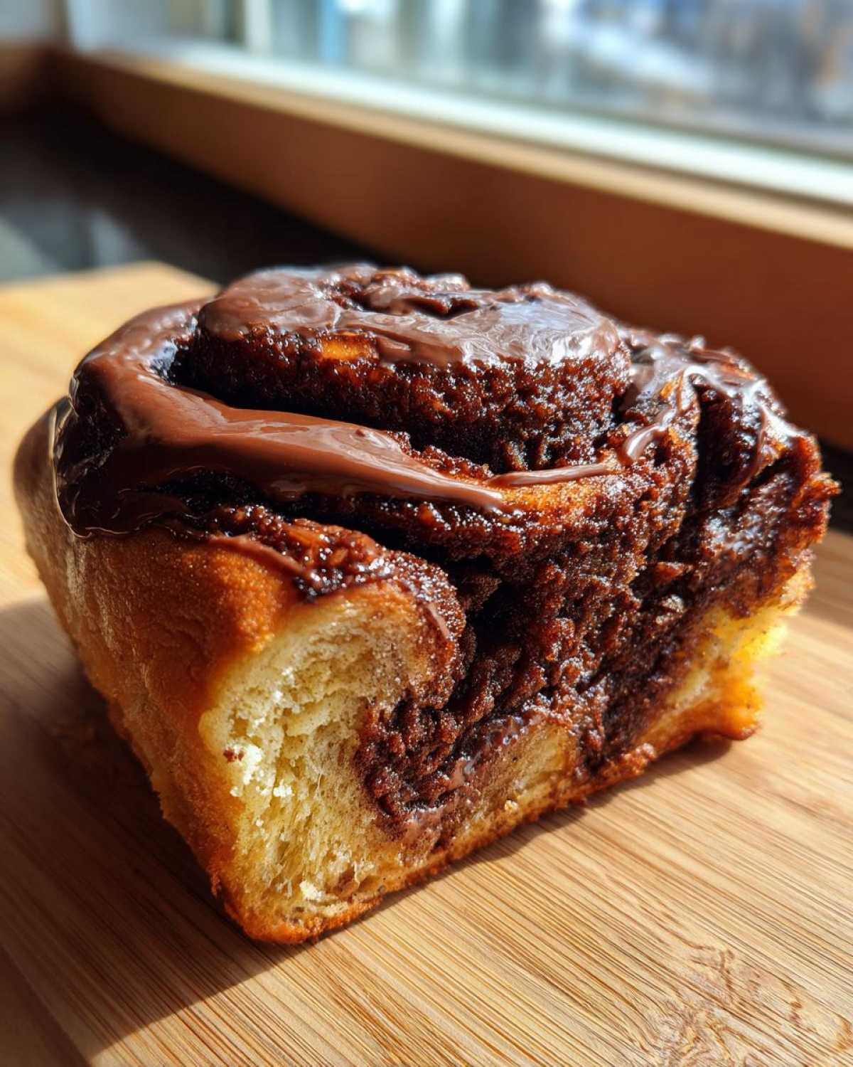 Close-up of a single, gooey chocolate cinnamon roll with rich chocolate icing on a wooden board.