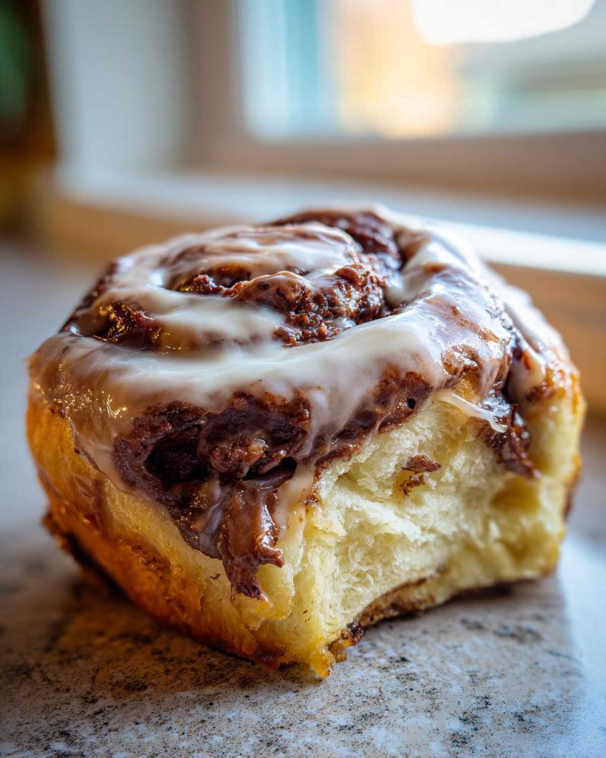 Close-up of a single, soft chocolate cinnamon rolls with rich chocolate filling and drizzled white icing.