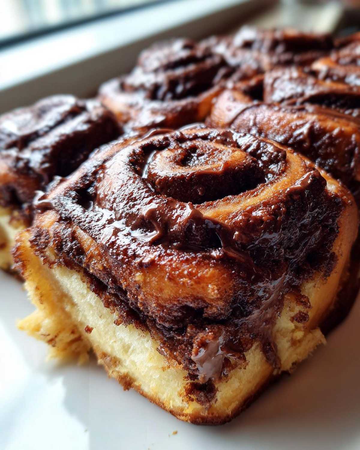 Close-up of a pan of soft, gooey chocolate cinnamon rolls with rich dark chocolate filling.