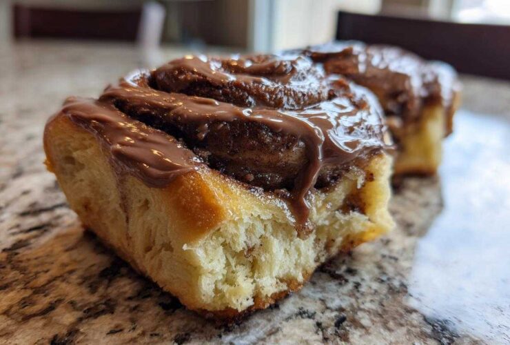 Close-up of a soft, fluffy chocolate cinnamon rolls slice topped with thick, melted chocolate frosting.