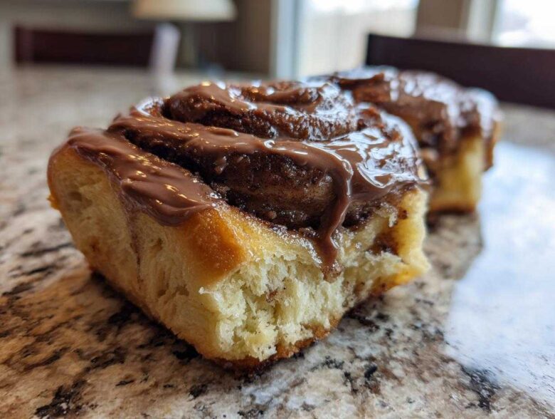 Close-up of a soft, fluffy chocolate cinnamon rolls slice topped with thick, melted chocolate frosting.