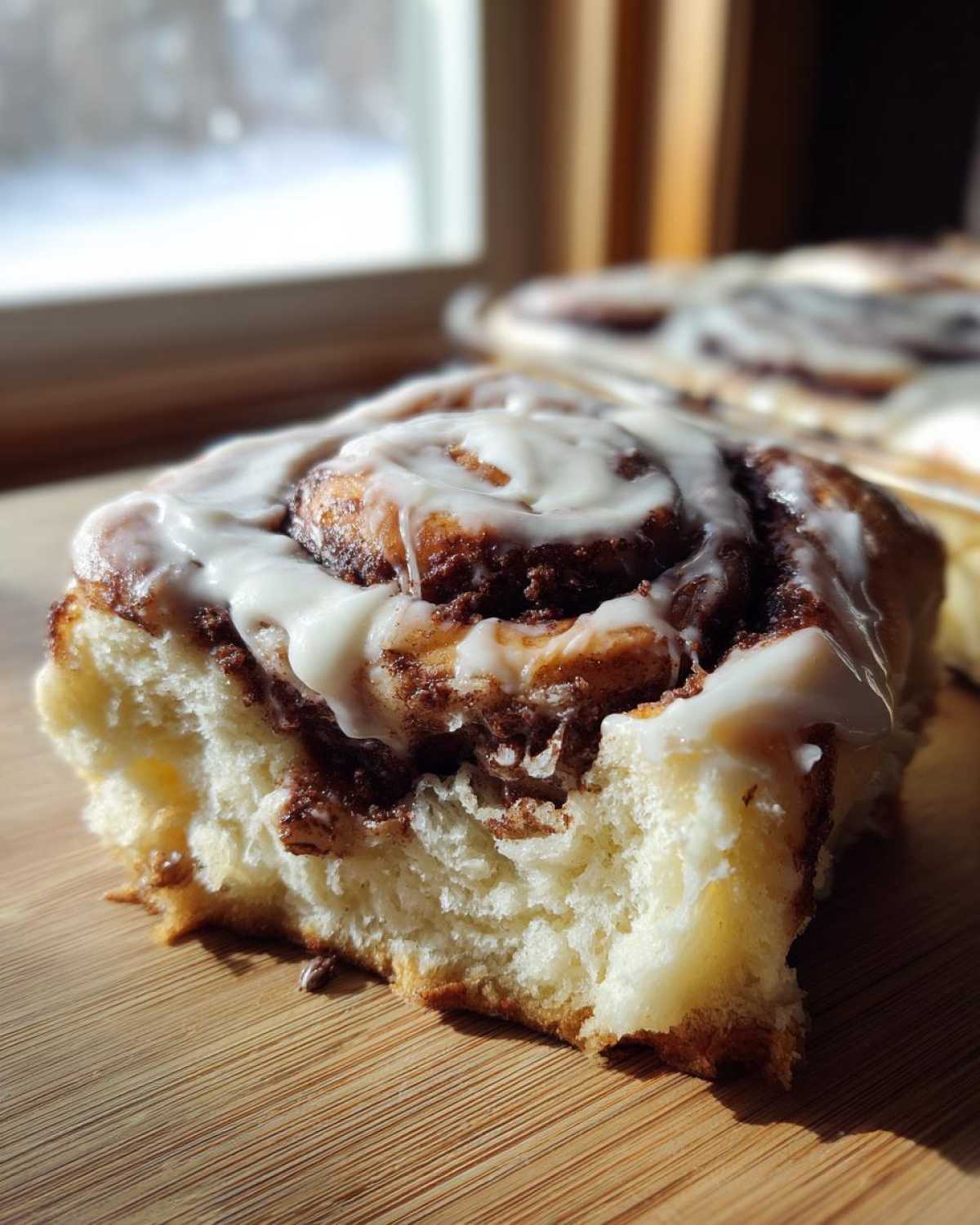 Close-up of a soft, gooey chocolate cinnamon roll slice topped with thick white icing, sitting on a wooden board near a window.