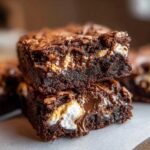 Close-up of two stacked, fudgy hot chocolate brownies with melted marshmallows and gooey chocolate filling.