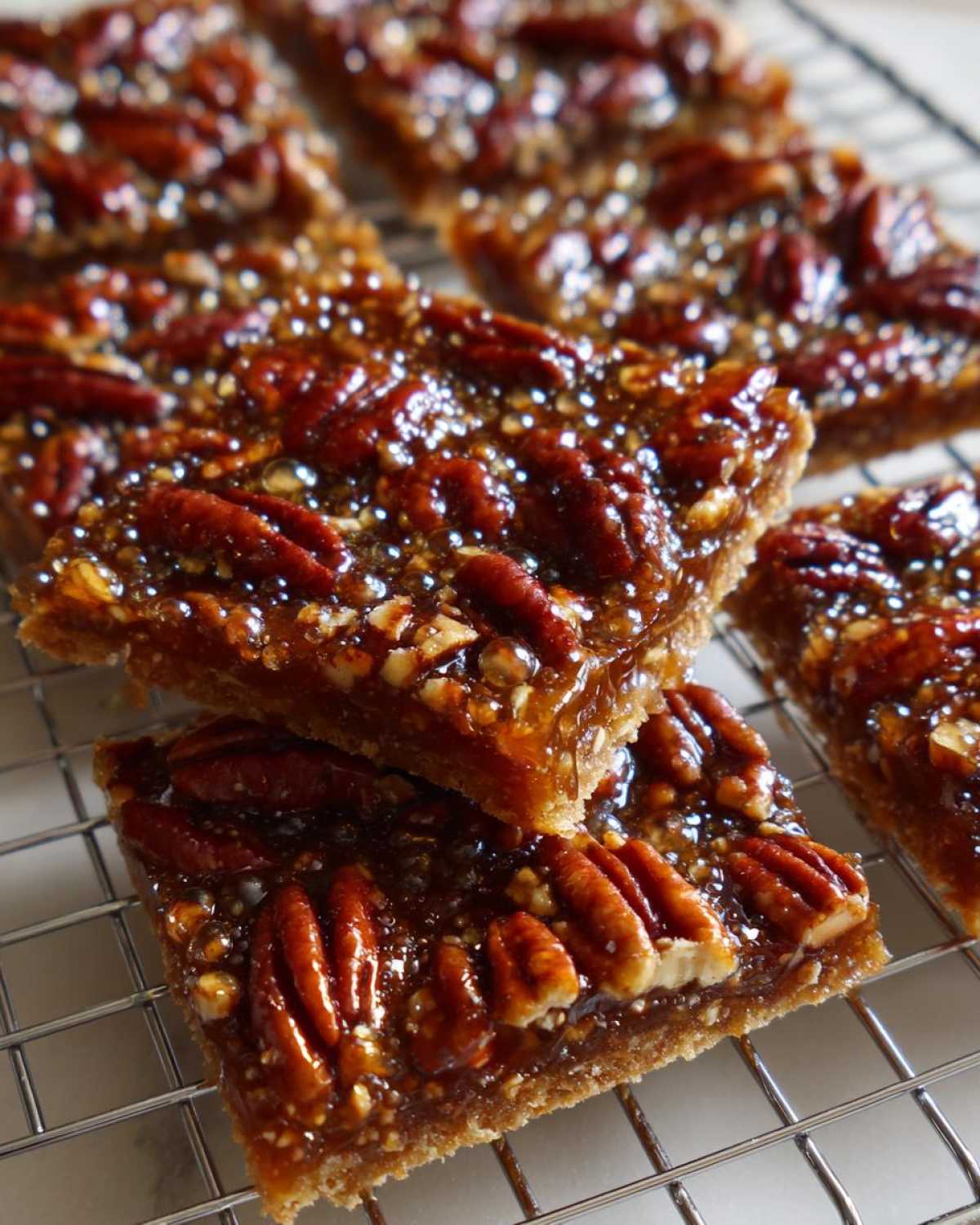 Close-up of stacked squares of glossy Pecan Pie Bark cooling on a wire rack, showing pecans and caramel topping.