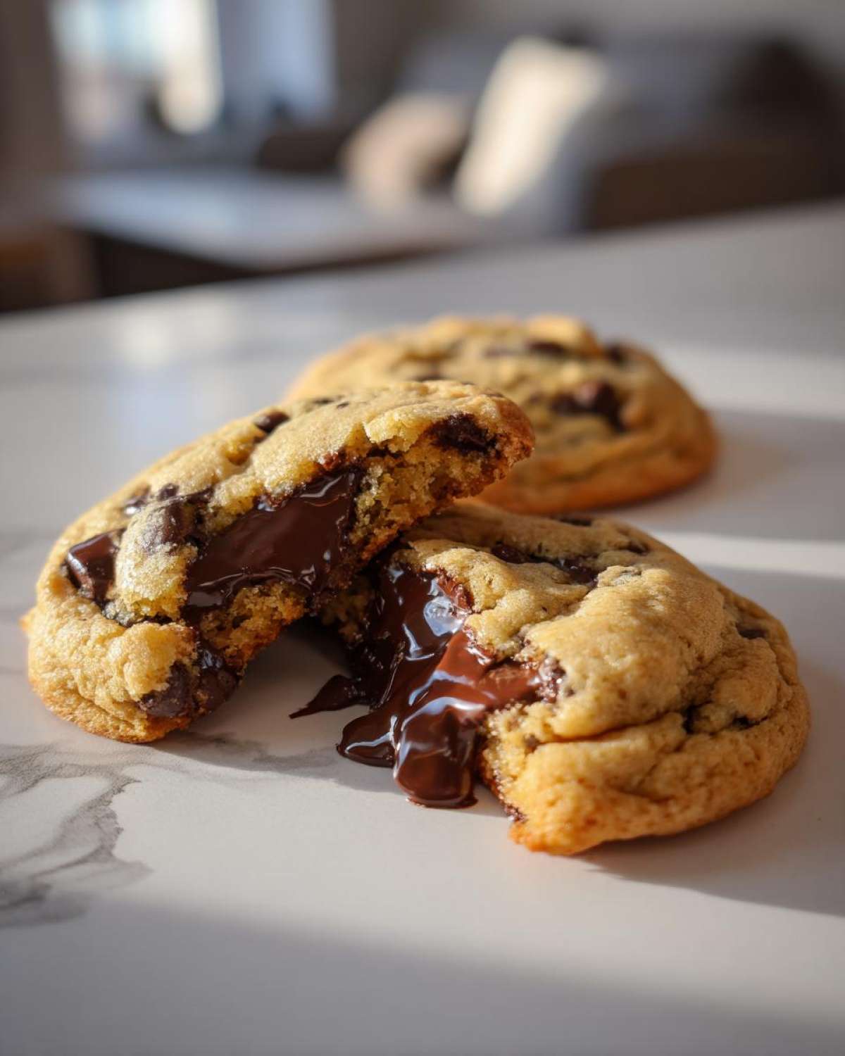 Close-up of a vegan chocolate chip cookie broken in half revealing gooey, melted chocolate center.