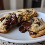 Close-up of a vegan chocolate chip cookie broken in half revealing gooey, melted chocolate chips.