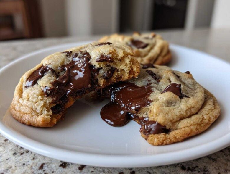 Close-up of a vegan chocolate chip cookie broken in half revealing gooey, melted chocolate chips.