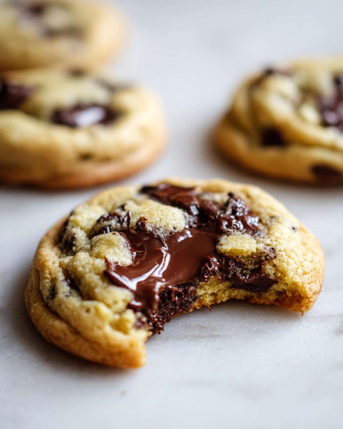 Close-up of a vegan chocolate chip cookie with a bite taken out, showing gooey, melted chocolate.