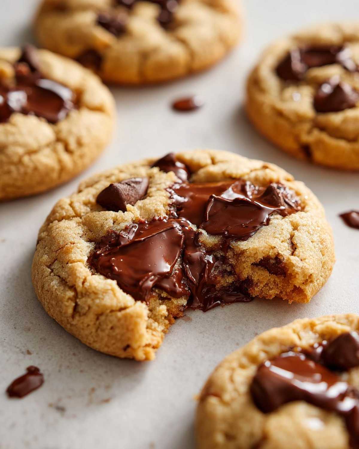 Close-up of a vegan chocolate chip cookie with a bite taken out, showing gooey, melted chocolate chips.