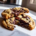 Close-up of two vegan chocolate chip cookies broken in half, showing melted, gooey chocolate chips inside.