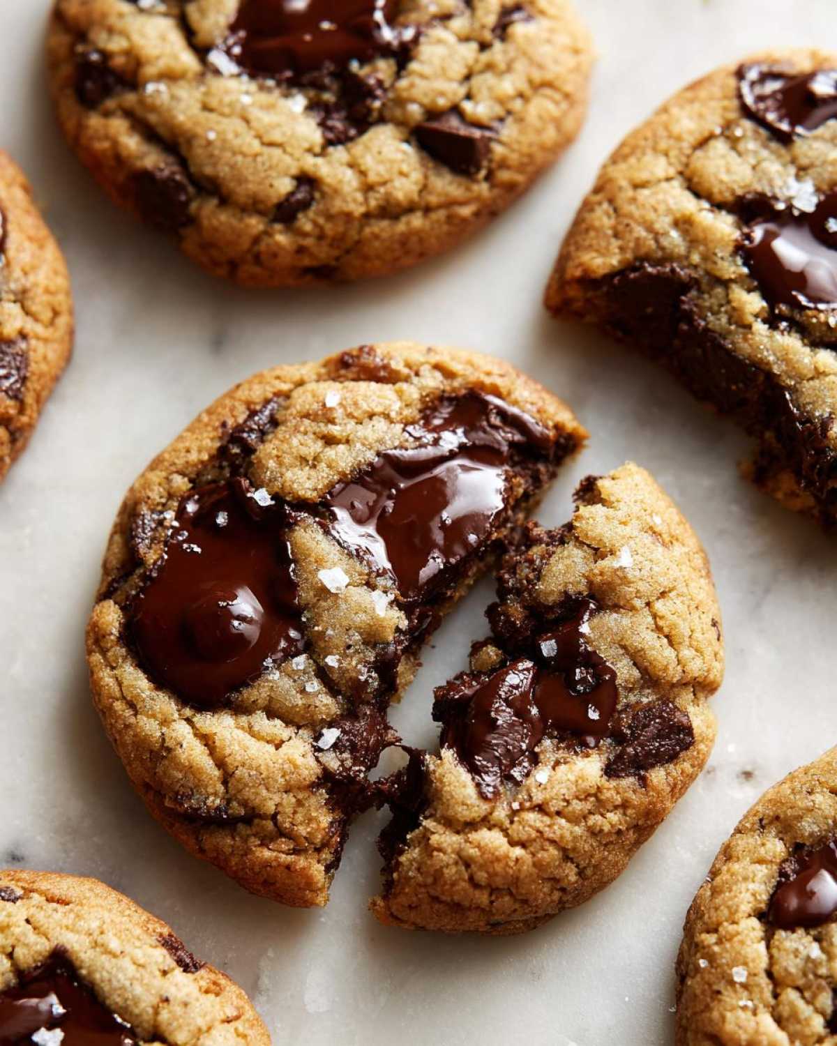 Close-up of a vegan chocolate chip cookie broken in half showing melted chocolate and sea salt flakes.