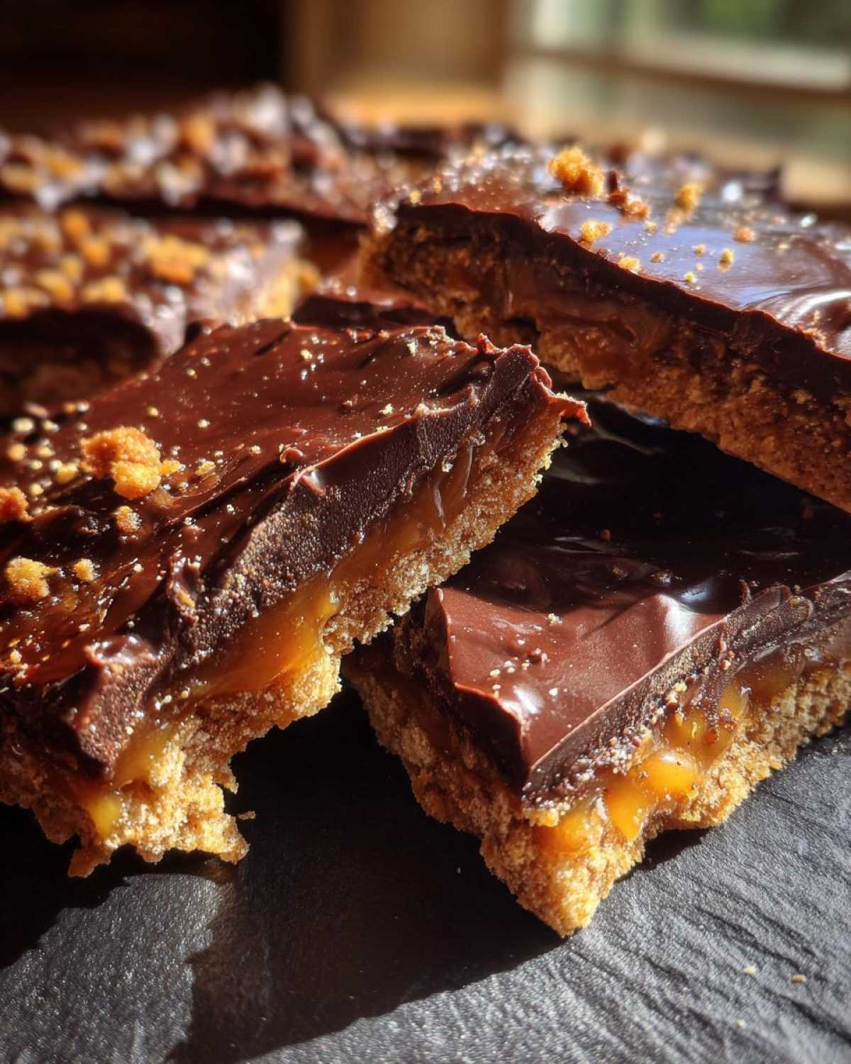 Close-up of rich graham cracker toffee bars, showing the thick chocolate topping, gooey caramel layer, and crumbly base.