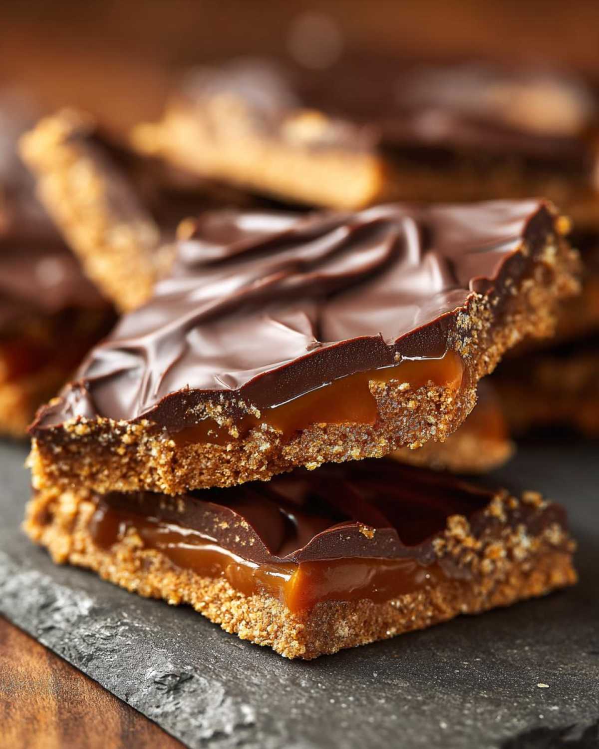 Two stacked squares of graham cracker toffee showing a thick caramel layer and chocolate topping.