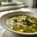 Close-up of a white bowl filled with green chicken pozole, featuring shredded chicken, hominy, and fresh cilantro garnish.