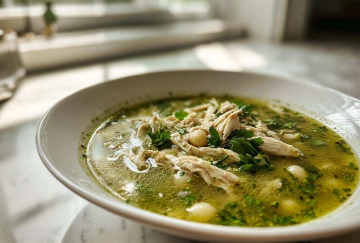 Close-up of a white bowl filled with green chicken pozole, featuring shredded chicken, hominy, and fresh cilantro garnish.