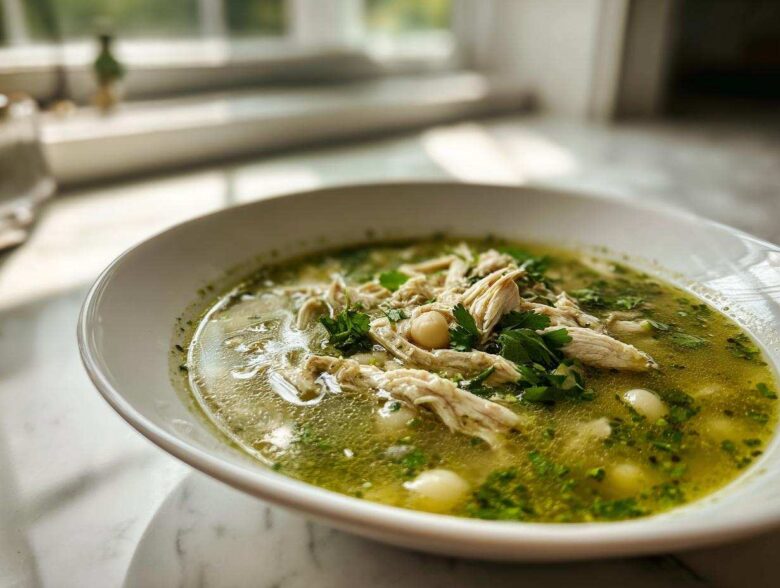 Close-up of a white bowl filled with green chicken pozole, featuring shredded chicken, hominy, and fresh cilantro garnish.