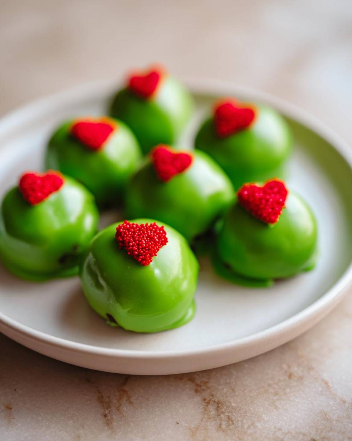 Several bright green Grinch Oreo Balls topped with small red heart sprinkles on a light plate.