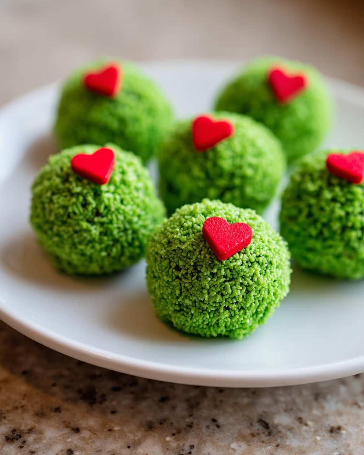 Close-up of several bright green Grinch Oreo balls topped with small red candy hearts on a white plate.