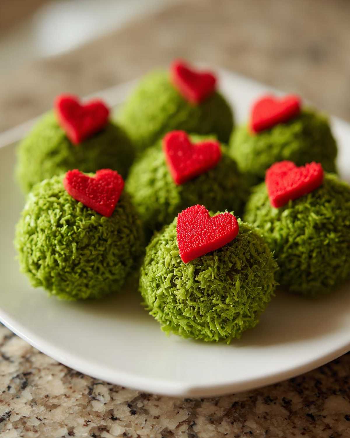 Close-up of several green, textured Grinch Oreo Balls topped with bright red heart sprinkles.