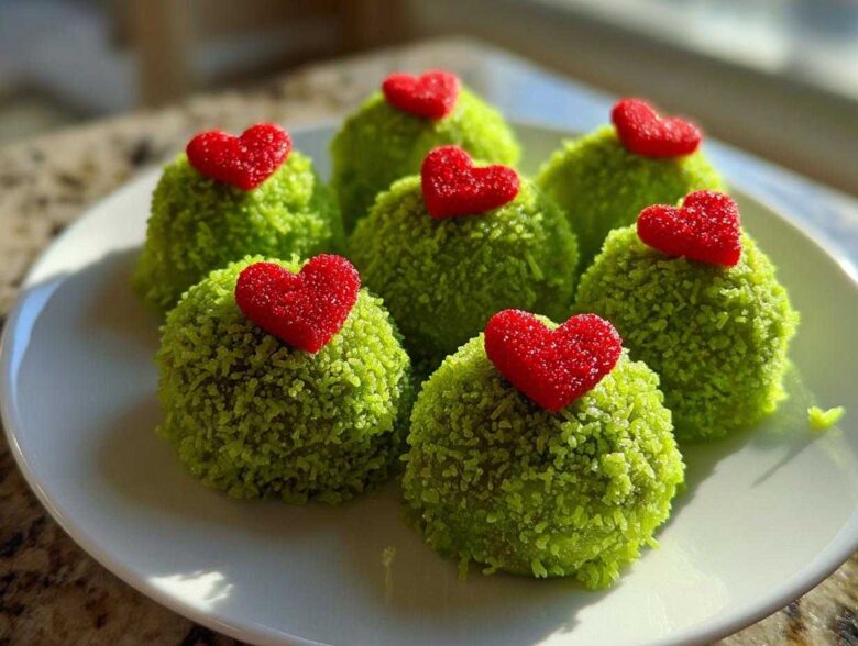 Six bright green Grinch Oreo Balls coated in sprinkles, each topped with a small red, sugary heart candy.