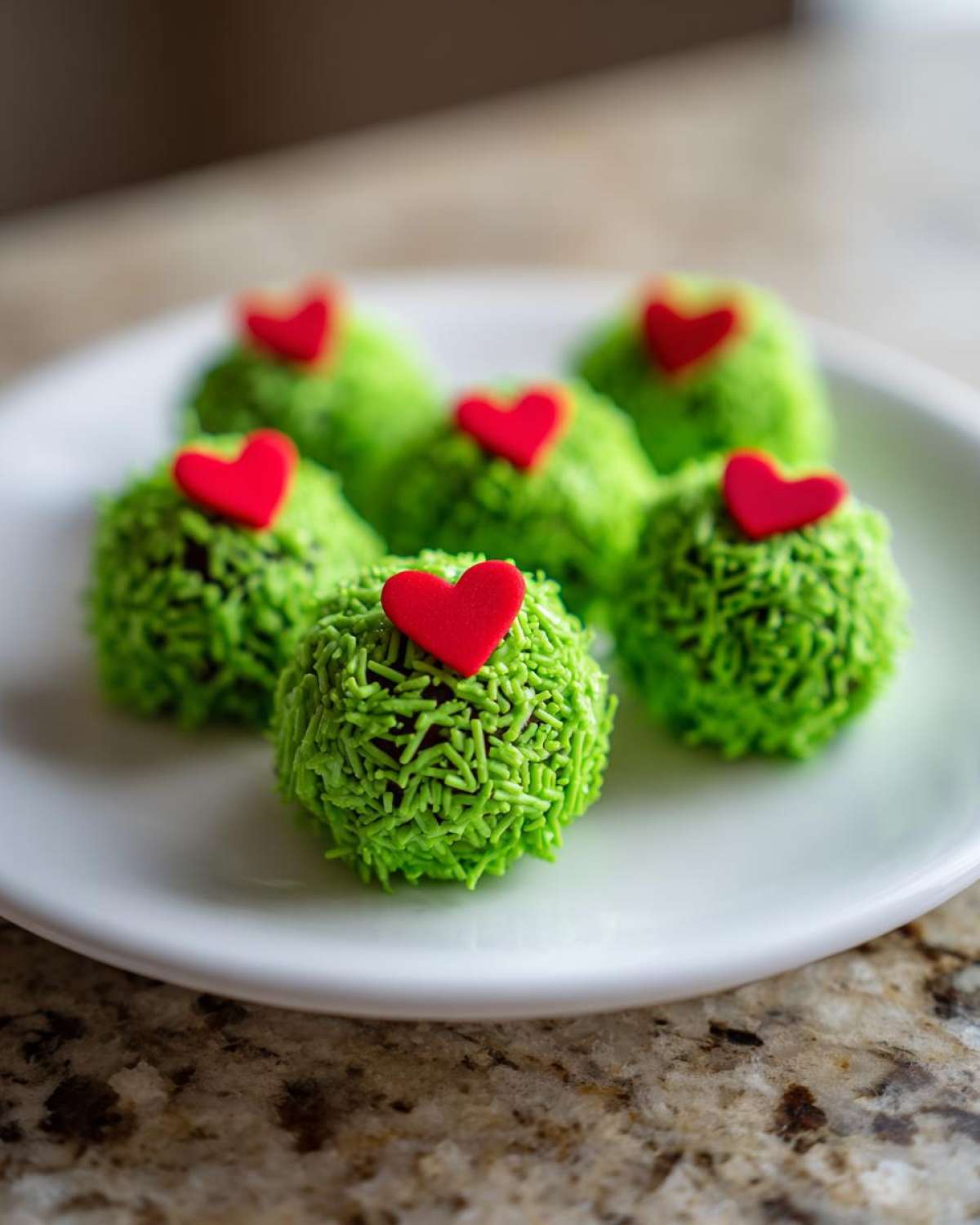 Close-up of several Grinch Oreo balls coated in bright green sprinkles and topped with small red hearts.